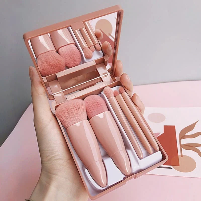 Kit Mini Pincéis Rosa Gold + Porta Pincéis Portátil com Espelho